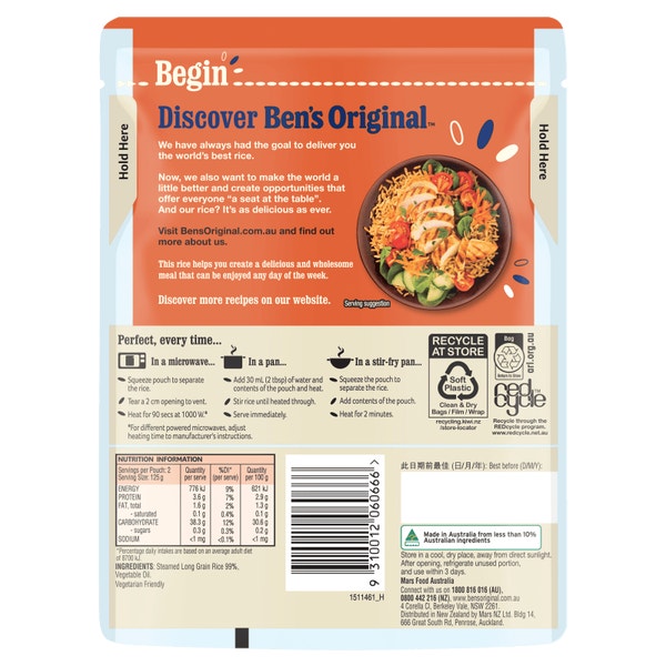 BEN'S ORIGINAL Long Grain Microwave Rice Pouch 250g
