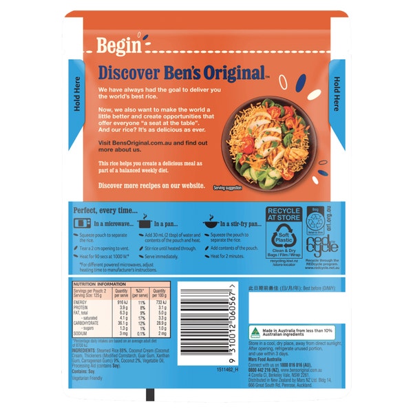 BEN'S ORIGINAL Lightly Flavoured Coconut Microwave Rice Pouch 250g