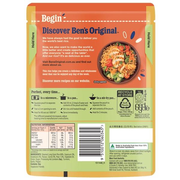 BEN'S ORIGINAL Golden Vegetable Microwave Rice Pouch 250g