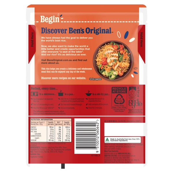 BEN'S ORIGINAL Lightly Flavoured Chilli Microwave Rice Pouch 250g