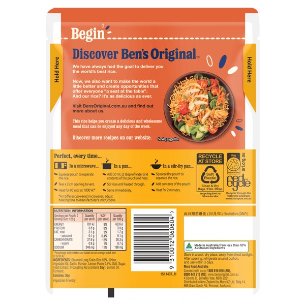 BEN'S ORIGINAL Lightly Flavoured Lemon Microwave Rice Pouch  250g