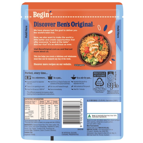 Ben’s Original Protein+ Lentils, Turmeric & Brown Microwave Rice Pouch 180g
