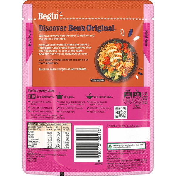 BEN'S ORIGINAL Plain Jasmine Microwave Rice Pouch 250g